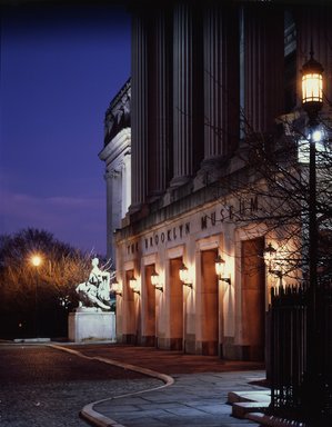 <em>"Brooklyn Museum: exterior. View of the Central section portico from the west at twilight, showing lit entrance lamps, n.d. (ca. 1971-1988)."</em>, 1971. Color transparency 4x5in, 4 x 5in (10.2 x 12.7 cm). Brooklyn Museum, Museum building. (Photo: Brooklyn Museum, S06_BEEi084.jpg