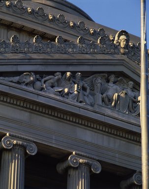 <em>"Brooklyn Museum: exterior. View of the Central section pavilion from the entrance pathway, showing detail of pediment sculptures, n.d. (ca. 1971-1988)."</em>, 1971. Color transparency 4x5in, 4 x 5in (10.2 x 12.7 cm). Brooklyn Museum, Museum building. (Photo: Brooklyn Museum, S06_BEEi086.jpg