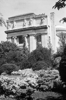 <em>"Brooklyn Museum: exterior. View of the west façade of the West Wing from the west, showing Botanic Garden in the foreground, ca. 1981."</em>, 1981. Bw copy negative 4x5in, 4 x 5in (10.2 x 12.7 cm). Brooklyn Museum, Museum building. (Photo: Brooklyn Museum, S06_BEEi101.jpg