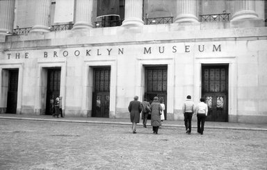 <em>"Brooklyn Museum: exterior. View of the front entrance from the entrance driveway, showing visitors entering the museum, ca. 1983."</em>, 1983. Bw copy negative 5x7in, 5 x 7in (12.7 x 17.8 cm). Brooklyn Museum, Museum building. (Photo: Brooklyn Museum, S06_BEEi108.jpg