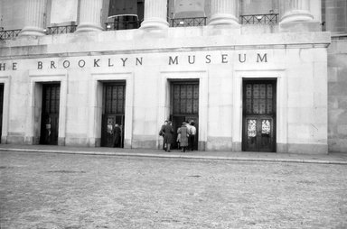 <em>"Brooklyn Museum: exterior. View of the front entrance from the entrance driveway, showing visitors entering the museum, ca. 1983."</em>, 1983. Bw copy negative 5x7in, 5 x 7in (12.7 x 17.8 cm). Brooklyn Museum, Museum building. (Photo: Brooklyn Museum, S06_BEEi109.jpg