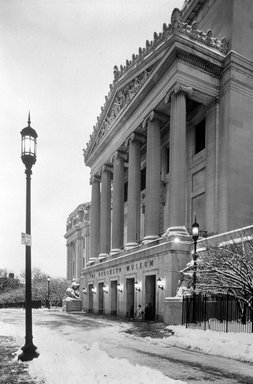 <em>"Brooklyn Museum: exterior. View of Central section and part of the East Wing in the snow from the west at night, 01/1988."</em>, 1988. Bw copy negative 4x5in, 4 x 5in (10.2 x 12.7 cm). Brooklyn Museum, Museum building. (Photo: Brooklyn Museum, S06_BEEi138.jpg