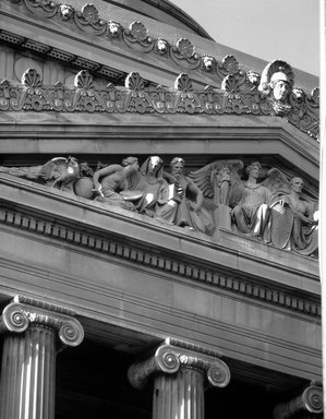 <em>"Brooklyn Museum: exterior. View of the Central section from the entrance pathway, showing detail of pediment sculptures, 09/1988."</em>, 1988. Bw negative 4x5in. Brooklyn Museum, Museum building. (Photo: Brooklyn Museum, S06_BEEi139.jpg