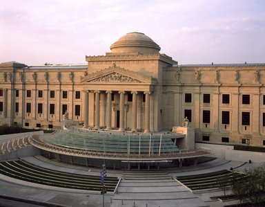 <em>"Brooklyn Museum: exterior. View of the Eastern Parkway façade from the northwest, showing glass canopy and plaza, 2004."</em>, 2004. Color transparency 4x5in, 4 x 5in (10.2 x 12.7 cm). Brooklyn Museum, Museum building. (Photo: Brooklyn Museum, S06_BEEi149_SL3.jpg
