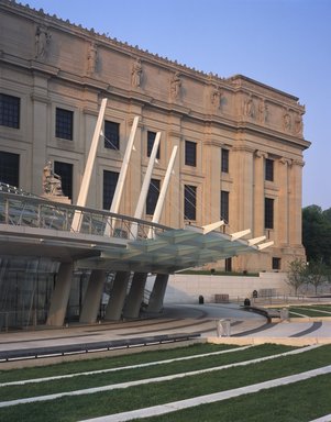 <em>"Brooklyn Museum: exterior. View of the glass canopy and West Wing from the plaza, showing entrance, masts and grass terraces, 2004."</em>, 2004. Color transparency 4x5in, 4 x 5in (10.2 x 12.7 cm). Brooklyn Museum, Museum building. (Photo: Brooklyn Museum, S06_BEEi151.jpg