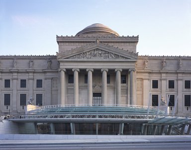 <em>"Brooklyn Museum: exterior. View of the Central pavilion and part of the East and West Wings from Eastern Parkway, showing glass canopy and entrance, 2004."</em>, 2004. Color transparency 4x5in, 4 x 5in (10.2 x 12.7 cm). Brooklyn Museum, Museum building. (Photo: Brooklyn Museum, S06_BEEi154.jpg