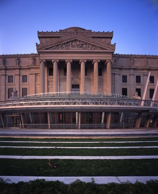<em>"Brooklyn Museum: exterior. View of Eastern Parkway façade from grass terraces, showing Central section and ducks on the grass terrace, 2004."</em>, 2004. Color transparency 4x5in, 4 x 5in (10.2 x 12.7 cm). Brooklyn Museum, Museum building. (Photo: Brooklyn Museum, S06_BEEi157.jpg