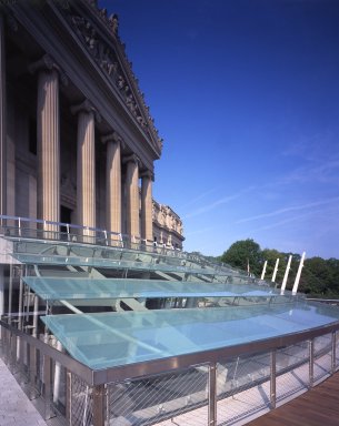 <em>"Brooklyn Museum: exterior. View of Eastern Parkway façade from walkway, showing glass canopy, 2004."</em>, 2004. Color transparency 4x5in, 4 x 5in (10.2 x 12.7 cm). Brooklyn Museum, Museum building. (Photo: Brooklyn Museum, S06_BEEi165.jpg