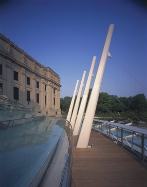 <em>"Brooklyn Museum: exterior. View of walkway from the walkway, showing masts supporting glass canopy, 2004."</em>, 2004. Color transparency 4x5in, 4 x 5in (10.2 x 12.7 cm). Brooklyn Museum, Museum building. (Photo: Brooklyn Museum, S06_BEEi168.jpg