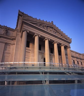 <em>"Brooklyn Museum: exterior. View of Central portico and glass canopy at angle from walkway, 2004."</em>, 2004. Color transparency 4x5in, 4 x 5in (10.2 x 12.7 cm). Brooklyn Museum, Museum building. (Photo: Brooklyn Museum, S06_BEEi169.jpg