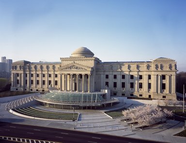 <em>"Brooklyn Museum: exterior. View of Eastern Parkway façade from the northwest, showing plaza with cherry trees in bloom, 2005."</em>, 2005. Color transparency 4x5in, 4 x 5in (10.2 x 12.7 cm). Brooklyn Museum, Museum building. (Photo: Brooklyn Museum, S06_BEEi173.jpg