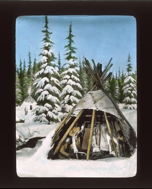 <em>"Native Americans: North America. Canada: Cree. View 01: Birchbark tepee (tipi) of Cree indians near Hudson Bay; cut away to show interior."</em>. Lantern slide 3.25x4in, 3.25 x 4 in. Brooklyn Museum, tipi. (Photo: Edward Van Altena, S10_07_North_America_Canada_Cree01_SL1.jpg