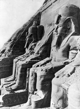 <em>"Views, Objects: Egypt. Abu Simbel. View 01: Façade, Abu Simbel. Dy. 19."</em>. Lantern slide 3.25x4in, 3.25 x 4 in. Brooklyn Museum, lantern slides. (S10_08_Egypt_AbuSimbel01.jpg