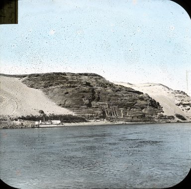 <em>"Views, Objects: Egypt. Abu Simbel. View 18: Egypt. Abu Simbel. Temple of Ramses II. View from the Nile."</em>. Lantern slide 3.25x4in, 3.25 x 4 in. Brooklyn Museum, lantern slides. (S10_08_Egypt_AbuSimbel18.jpg