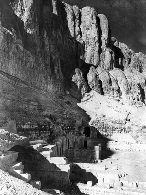 <em>"Views, Objects: Egypt. Deir-El-Bahari. View 03: Sanctuary of Temple of Hatshepsut, showing the Theban Cliffs. Dy. 18. Der el-Bahri."</em>. Lantern slide 3.25x4in, 3.25 x 4 in. Brooklyn Museum, lantern slides. (S10_08_Egypt_Deir-El-Bahari03.jpg