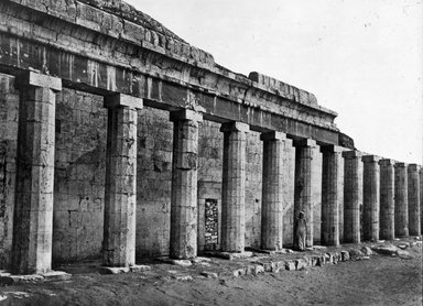 <em>"Views, Objects: Egypt. Deir-El-Bahari. View 05: North Colonnade. Great Temple at Deir-el-Bahari. 18th Dyn. 18471. 2 eg 1436(5)."</em>. Lantern slide 3.25x4in, 3.25 x 4 in. Brooklyn Museum, lantern slides. (S10_08_Egypt_Deir-El-Bahari05.jpg