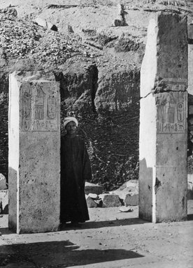 <em>"Views, Objects: Egypt. Deir-El-Bahari. View 08: Columns on Terraces. Temple of Menthu-Hotep. 11th Dyn. Deir-el-Bahari."</em>. Lantern slide 3.25x4in, 3.25 x 4 in. Brooklyn Museum, lantern slides. (S10_08_Egypt_Deir-El-Bahari08.jpg