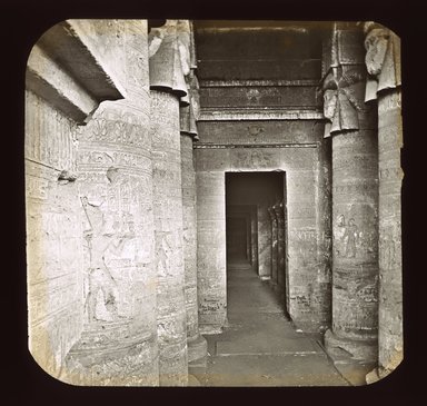 <em>"Views, Objects: Egypt. Denderah. View 03: Temple of Denderah."</em>. Lantern slide 3.25x4in, 3.25 x 4 in. Brooklyn Museum, lantern slides. (S10_08_Egypt_Denderah03_SL1.jpg