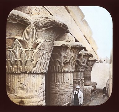 <em>"Views, Objects: Egypt. Esneh. View 02: Egypt - Columns in Temple of Esneh."</em>. Lantern slide 3.25x4in, 3.25 x 4 in. Brooklyn Museum, lantern slides. (Photo: T. H. McAllister, New York, S10_08_Egypt_Esneh02_SL1.jpg