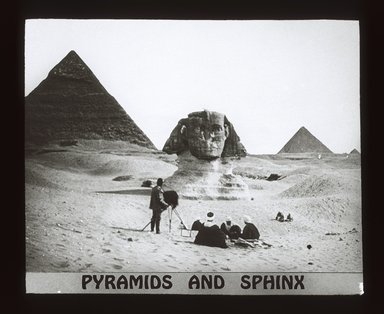 <em>"Views, Objects: Egypt. Gizeh. View 04: Pyramids and Sphinx."</em>. Lantern slide 3.25x4in, 3.25 x 4 in. Brooklyn Museum, lantern slides. (Photo: Kay C. Lenskold, Floral Park, New York, S10_08_Egypt_Gizeh04_SL1.jpg