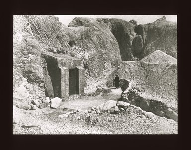 <em>"Views, Objects: Egypt. Middle Kingdom. View 04: Tomb of Antefoker. Exterior.  Middle Kingdom."</em>. Lantern slide 3.25x4in, 3.25 x 4 in. Brooklyn Museum, lantern slides. (S10_08_Egypt_MiddleKingdom04_SL1.jpg