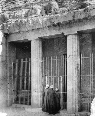 <em>"Views, Objects: Egypt. Middle Kingdom. View 10: Tomb of Khnumhotep Beni-Hassan. Façade. Middle Kingdom."</em>. Lantern slide 3.25x4in, 3.25 x 4 in. Brooklyn Museum, lantern slides. (S10_08_Egypt_MiddleKingdom10.jpg