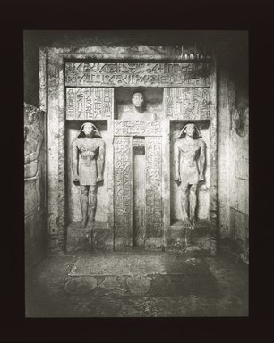 <em>"Views, Objects: Egypt. Sakkara View 01: Chapel, Tomb of Nefer-Seshem-Ptah. Sakkara. 6th Dynasty."</em>. Lantern slide 3.25x4in, 3.25 x 4 in. Brooklyn Museum, lantern slides. (S10_08_Egypt_Sakkara01_SL1.jpg