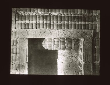 <em>"Views, Objects: Egypt. Sakkara. View 11: Detail Limestone and Faience molding around relief, Step Pyramid, Sakkara. 3rd Dy."</em>. Lantern slide 3.25x4in, 3.25 x 4 in. Brooklyn Museum, lantern slides. (S10_08_Egypt_Sakkara11_SL1.jpg