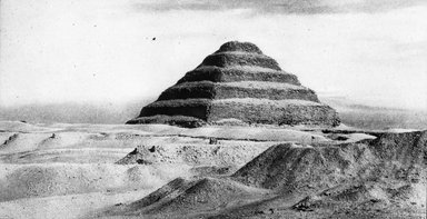 <em>"Views, Objects: Egypt. Sakkara. View 12: Egyptian - Old Kingdom. Step Pyramid of Zoser, Sakkara, 3rd Dyn."</em>. Lantern slide 3.25x4in, 3.25 x 4 in. Brooklyn Museum, lantern slides. (S10_08_Egypt_Sakkara12.jpg