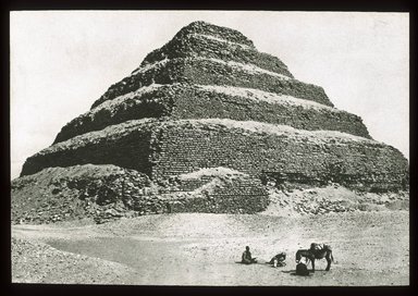 <em>"Views, Objects: Egypt. Sakkara. View 14: Egyptian - Old Kingdom.  Step Pyramid of Zoser, Sakkara, 3rd Dyn."</em>. Lantern slide 3.25x4in, 3.25 x 4 in. Brooklyn Museum, lantern slides. (S10_08_Egypt_Sakkara14_SL1.jpg