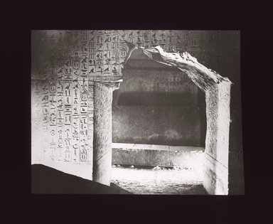 <em>"Views, Objects: Egypt. Sakkara. View 17: Burial Chamber. Pyramid of Unas. 5th Dyn. Sakkara."</em>. Lantern slide 3.25x4in, 3.25 x 4 in. Brooklyn Museum, lantern slides. (S10_08_Egypt_Sakkara17_SL1.jpg