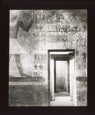 <em>"Views, Objects: Egypt. Sakkara. View 20: Tomb of Mera, Sakkara. Dy. 6."</em>. Lantern slide 3.25x4in, 3.25 x 4 in. Brooklyn Museum, lantern slides. (S10_08_Egypt_Sakkara20_SL1.jpg