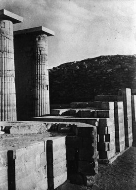 <em>"Views, Objects: Egypt. Sakkara. View 21: Egyptian - Old Kingdom. Step Pyramid, Sakkara, 3rd Dyn. West Entrance of Colonnade [Djoser Step Pyramid Complex]."</em>. Lantern slide 3.25x4in, 3.25 x 4 in. Brooklyn Museum, lantern slides. (S10_08_Egypt_Sakkara21.jpg