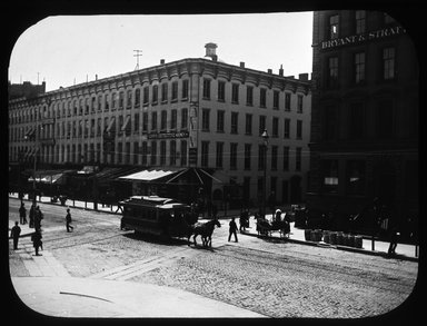 <em>"Views: Brooklyn, Long Island, Staten Island. Brooklyn scenes; buildings. View 004: Ante-Trolley Days, showing part of Hamilton Building now torn down, Court and Joralemon Streets."</em>. Lantern slide 3.25x4in, 3.25 x 4 in. Brooklyn Museum, CHART_2011. (Photo: Myers R. Jones, S10_11_Brooklyn_LI_SI_Brooklyn_Scenes_Buildings004.jpg