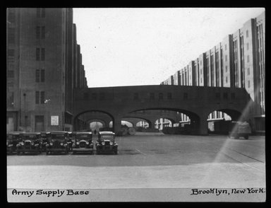 <em>"Views: Brooklyn, Long Island, Staten Island. Brooklyn scenes; buildings. View 012: Army supply base, bridges."</em>. Lantern slide 3.25x4in, 3.25 x 4 in. Brooklyn Museum, CHART_2011. (Photo: Edward van Altena, S10_11_Brooklyn_LI_SI_Brooklyn_Scenes_Buildings012.jpg