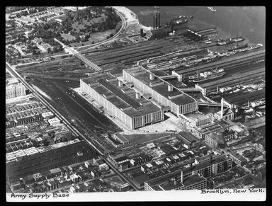 <em>"Views: Brooklyn, Long Island, Staten Island. Brooklyn scenes; buildings. View 013: Army supply base, bird's-eye view."</em>. Lantern slide 3.25x4in, 3.25 x 4 in. Brooklyn Museum, CHART_2011. (Photo: Edward van Altena, S10_11_Brooklyn_LI_SI_Brooklyn_Scenes_Buildings013.jpg