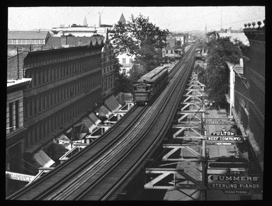 <em>"Views: Brooklyn, Long Island, Staten Island. Brooklyn scenes; buildings. View 018: Railways, elevated, Fulton St. Railroad above Bedford."</em>, 1899. Lantern slide 3.25x4in, 3.25 x 4 in. Brooklyn Museum, CHART_2011. (Photo: Charles H. Morse, S10_11_Brooklyn_LI_SI_Brooklyn_Scenes_Buildings018.jpg