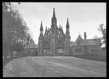 <em>"Views: Brooklyn, Long Island, Staten Island. Brooklyn scenes; buildings. View 031: Main Entrance Greenwood (cemetery)."</em>. Lantern slide 3.25x4in, 3.25 x 4 in. Brooklyn Museum, CHART_2011. (S10_11_Brooklyn_LI_SI_Brooklyn_Scenes_Buildings031.jpg