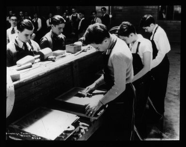 <em>"Views: Brooklyn, Long Island, Staten Island. Brooklyn scenes; buildings. View 034: Boys at work in the foundry, Brooklyn Technical High School."</em>. Lantern slide 3.25x4in, 3.25 x 4 in. Brooklyn Museum, CHART_2011. (S10_11_Brooklyn_LI_SI_Brooklyn_Scenes_Buildings034.jpg