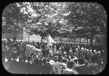 <em>"Views: Brooklyn. Various. View 013: Hawkins' Zouaves in Memorial Day Parade."</em>, 1899. Lantern slide 3.25x4in, 3.25 x 4 in. Brooklyn Museum, CHART_2011. (Photo: W.C. Peckham, S10_12_Brooklyn_Various013.jpg