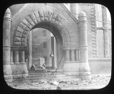 <em>"Views: Brooklyn. Various. View 021: Brooklyn Tabernacle after fire. Clinton and Greene Ave."</em>. Lantern slide 3.25x4in, 3.25 x 4 in. Brooklyn Museum, CHART_2011. (Photo: H.L. Underhill, S10_12_Brooklyn_Various021.jpg