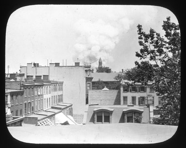 <em>"Views: Brooklyn. Various. View 027: The Burning of Dr. Talmage's Church, Clinton and Greene Aves."</em>. Lantern slide 3.25x4in, 3.25 x 4 in. Brooklyn Museum, CHART_2011. (Photo: H.L. Underhill, S10_12_Brooklyn_Various027.jpg