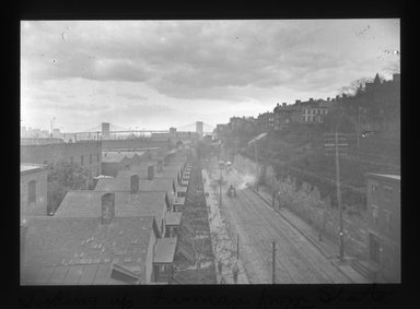 <em>"Views: Brooklyn. Various. View 031: Looking up Furman Street from State on a smoky afternoon."</em>. Lantern slide 3.25x4in, 3.25 x 4 in. Brooklyn Museum, CHART_2011. (S10_12_Brooklyn_Various031.jpg