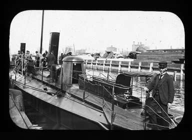 <em>"Views: U.S. Columbian Celebration: Oct. 1892. View 005: Navy Yard looking towards Washington Ave. US Dispatch boat 'Cushing'."</em>. Lantern slide 3.25x4in, 3.25 x 4 in. Brooklyn Museum, CHART_2011. (S10_20_US_Columbian_Celebration_Oct_1892.005.jpg