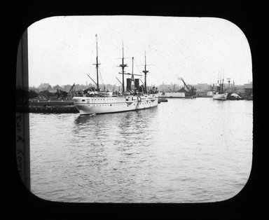 <em>"Views: U.S. Columbian Celebration: Oct. 1892. View 012: USS Chicago at Cob dock, Brooklyn Navy Yard."</em>. Lantern slide 3.25x4in, 3.25 x 4 in. Brooklyn Museum, CHART_2011. (S10_20_US_Columbian_Celebration_Oct_1892.012.jpg