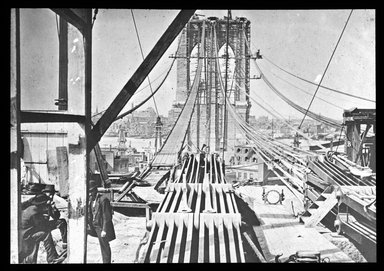 <em>"Views: U.S., Brooklyn. Brooklyn Bridge. View 009: Chain links and cable in course of construction."</em>. Lantern slide 3.25x4in, 3.25 x 4 in. Brooklyn Museum, CHART_2011. (S10_21_US_Brooklyn_Brooklyn_Bridge009.jpg