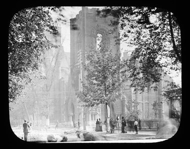 <em>"Views: U.S., Brooklyn. Brooklyn churches; synagogues. View 001: Ruins of Dr. Talmage's Church, Greene and Clinton Aves."</em>. Lantern slide 3.25x4in, 3.25 x 4 in. Brooklyn Museum, CHART_2011. (Photo: Neg. by H.L. Underhill, S10_21_US_Brooklyn_Brooklyn_Churches_Synagogues001.jpg