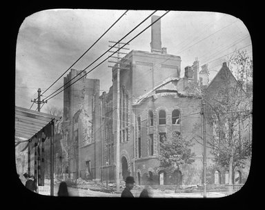 <em>"Views: U.S., Brooklyn. Brooklyn churches; synagogues. View 006: Ruins of Dr. Talmage's Church, Greene and Clinton Aves."</em>. Lantern slide 3.25x4in, 3.25 x 4 in. Brooklyn Museum, CHART_2011. (Photo: H.L. Underhill, S10_21_US_Brooklyn_Brooklyn_Churches_Synagogues006.jpg