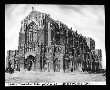 <em>"Views: U.S., Brooklyn. Brooklyn churches; synagogues. View 009: Central Methodist Episcopal Church (engraving)."</em>. Lantern slide 3.25x4in, 3.25 x 4 in. Brooklyn Museum, CHART_2011. (Photo: Edward Van Altena, S10_21_US_Brooklyn_Brooklyn_Churches_Synagogues009.jpg