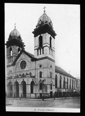 <em>"Views: U.S., Brooklyn. Brooklyn churches; synagogues. View 020: St. Teresa."</em>. Lantern slide 3.25x4in, 3.25 x 4 in. Brooklyn Museum, CHART_2011. (Photo: Edward Van Altena, S10_21_US_Brooklyn_Brooklyn_Churches_Synagogues020.jpg